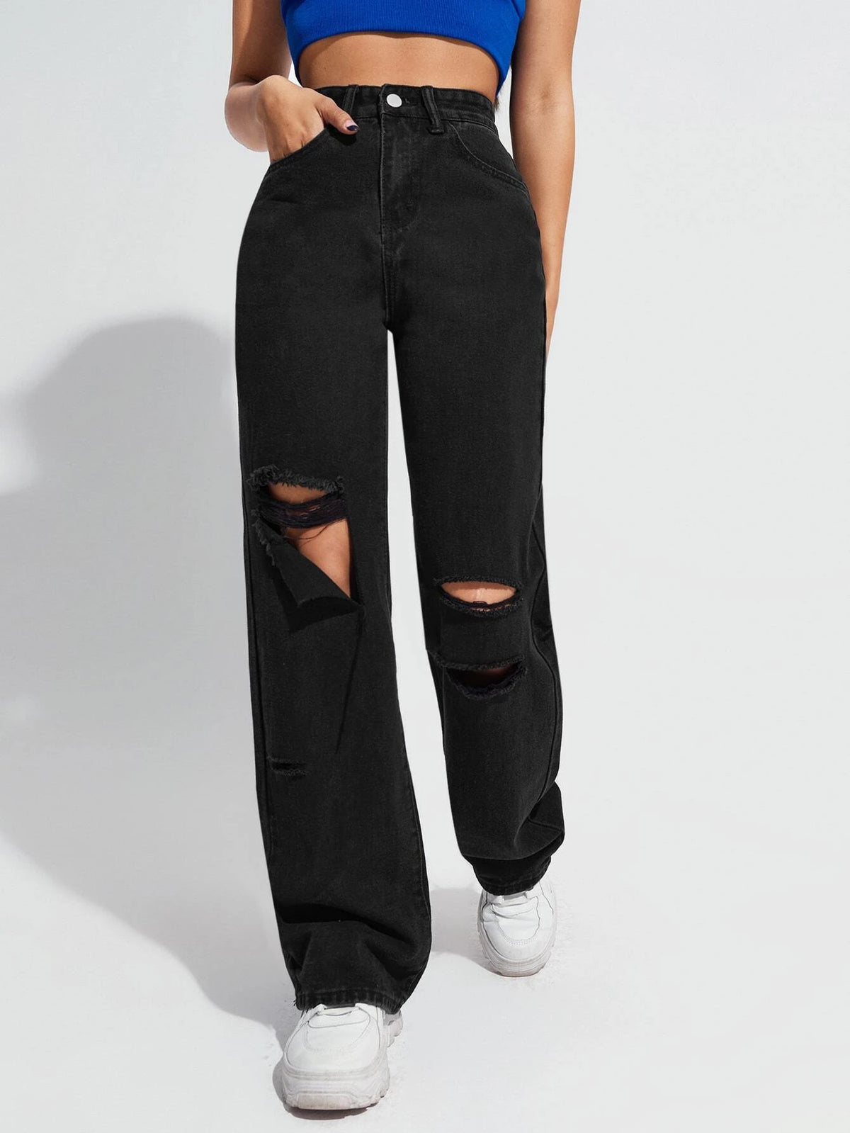 High Waist Ripped Boyfriend Jeans