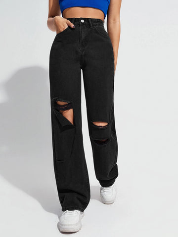 High Waist Ripped Boyfriend Jeans