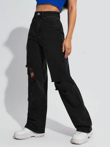 High Waist Ripped Boyfriend Jeans