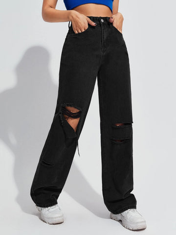 High Waist Ripped Boyfriend Jeans