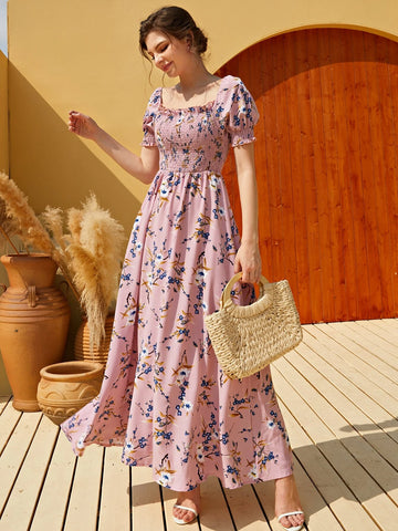 Floral Square Neck Shirred A-line Dress