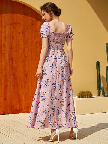 Floral Square Neck Shirred A-line Dress