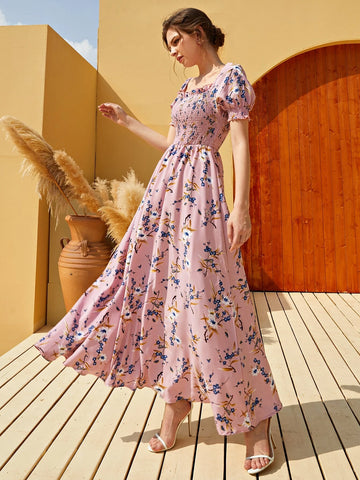 Floral Square Neck Shirred A-line Dress