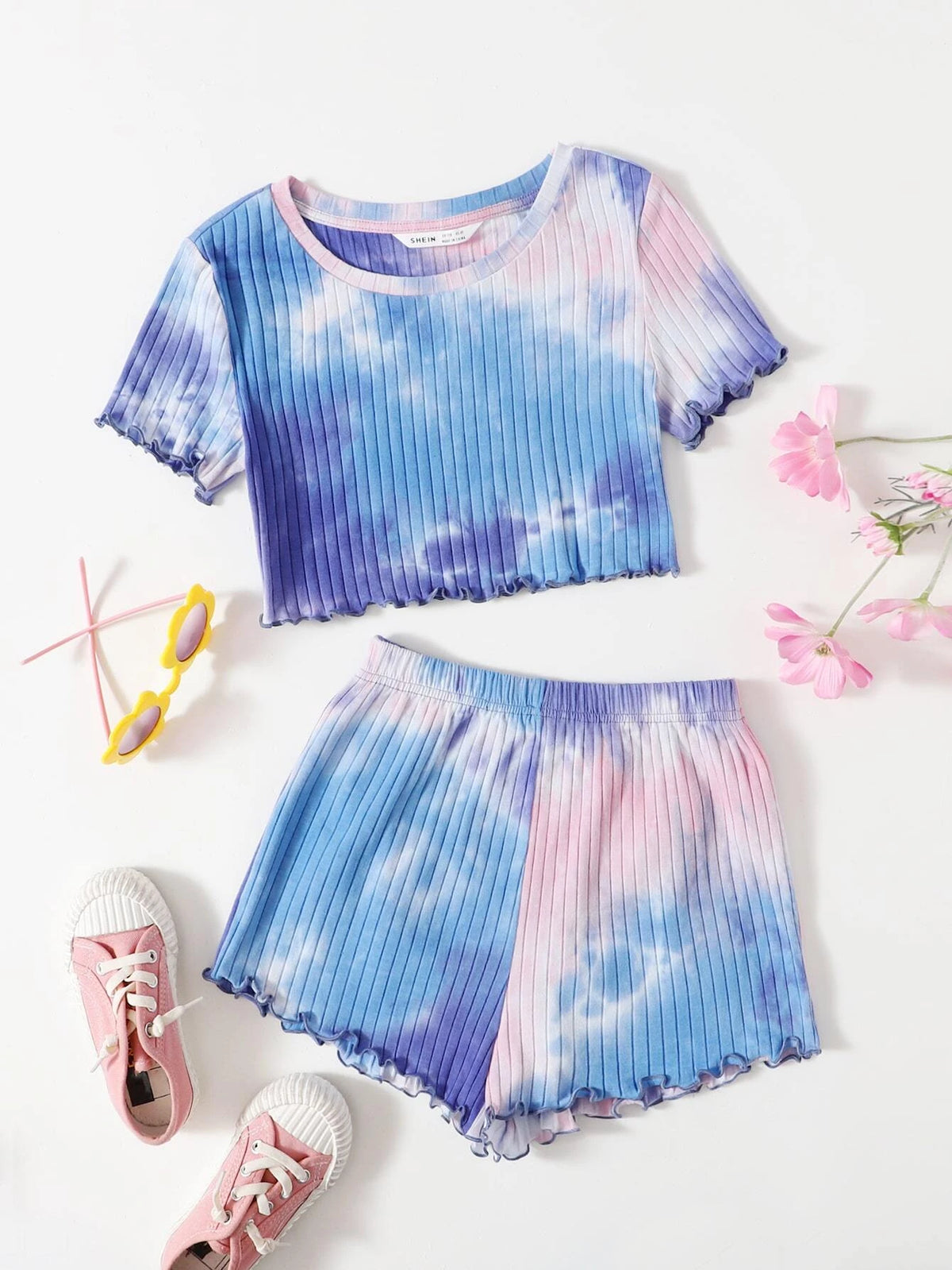 Girls Tie Dye Lettuce Trim Rib-knit Crop Top & Shorts Set