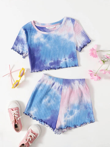 Girls Tie Dye Lettuce Trim Rib-knit Crop Top & Shorts Set