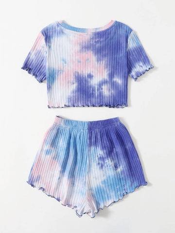 Girls Tie Dye Lettuce Trim Rib-knit Crop Top & Shorts Set