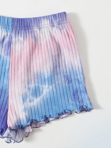 Girls Tie Dye Lettuce Trim Rib-knit Crop Top & Shorts Set