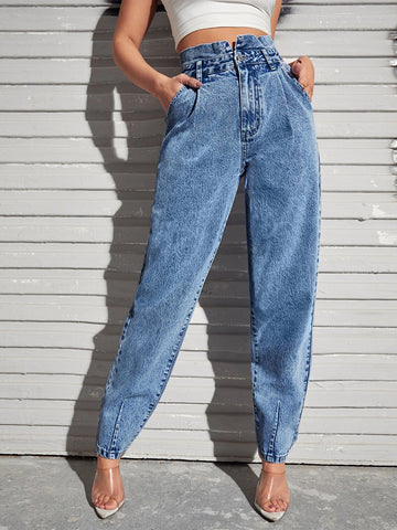 High Waist Slant Pocket Mom Jeans