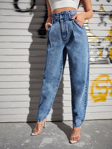 High Waist Slant Pocket Mom Jeans