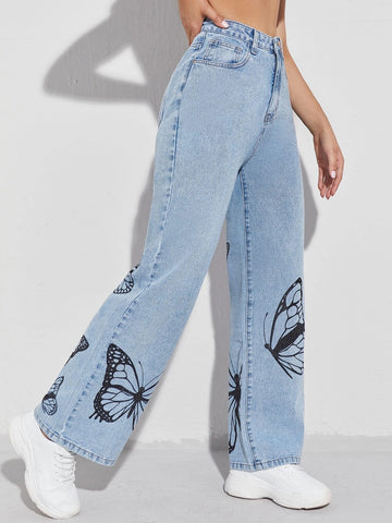 Butterfly Print Wide Leg Jeans