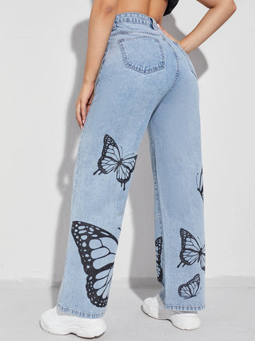 Butterfly Print Wide Leg Jeans