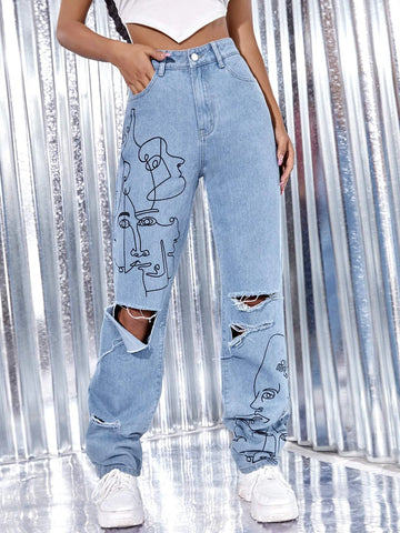 Face Line Art Ripped Jeans