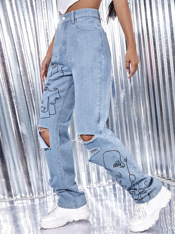 Face Line Art Ripped Jeans