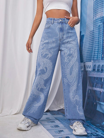 Chinese Dragon Print Jeans