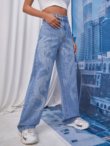 Chinese Dragon Print Jeans