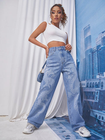 Chinese Dragon Print Jeans