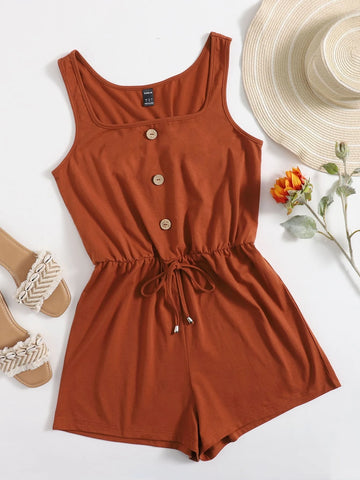 VCAY Drawstring Waist Button Front Tank Romper