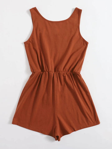 VCAY Drawstring Waist Button Front Tank Romper