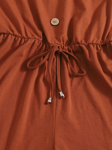 VCAY Drawstring Waist Button Front Tank Romper