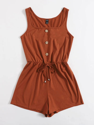 VCAY Drawstring Waist Button Front Tank Romper