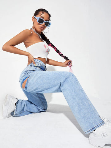 Zipper Fly Ripped Detail Split Hem Wide Leg Jeans