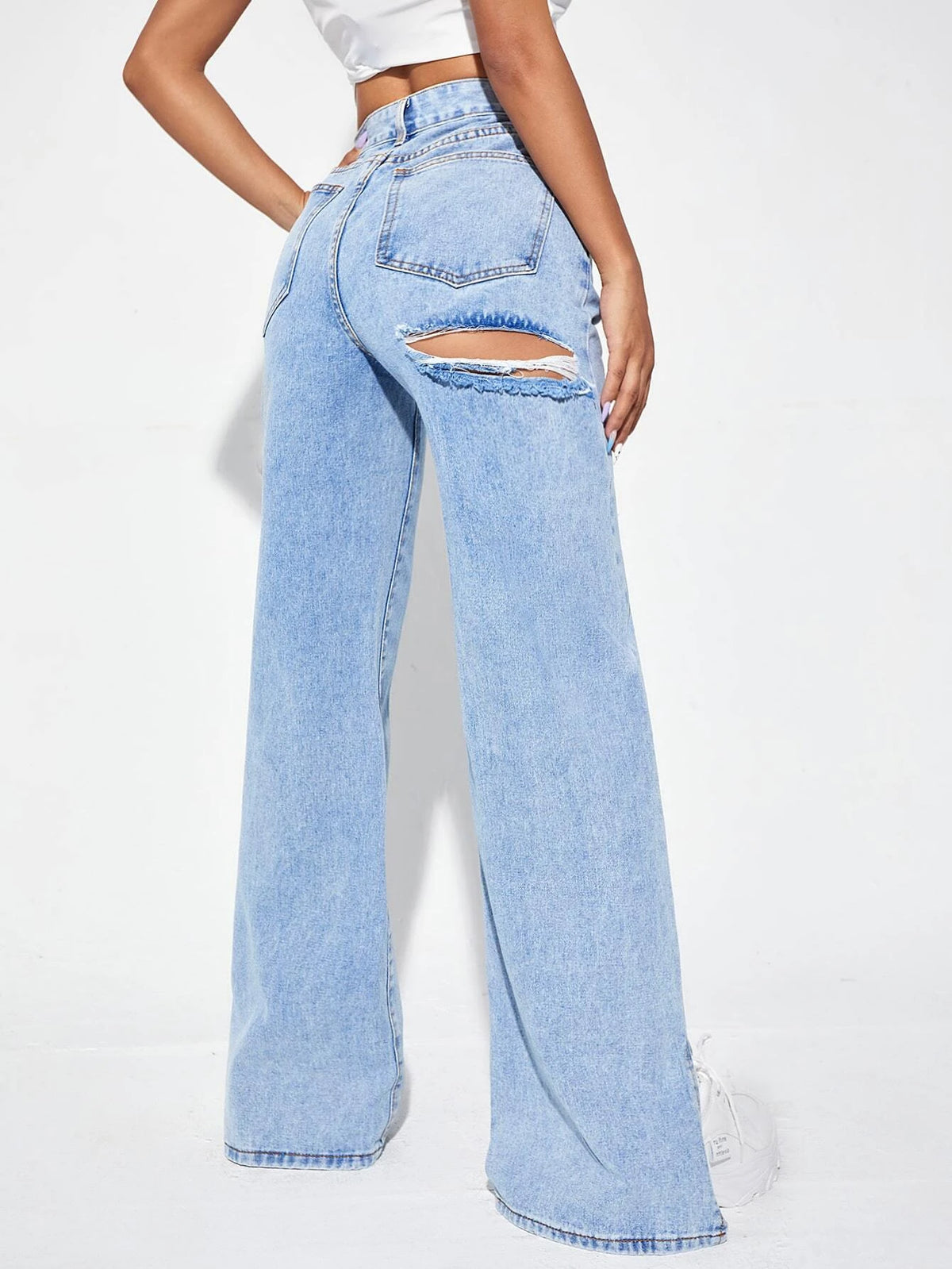 Zipper Fly Ripped Detail Split Hem Wide Leg Jeans