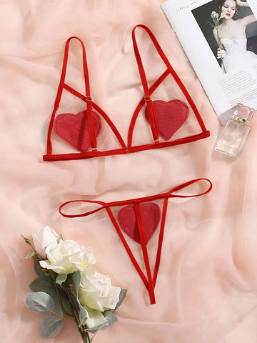 Heart Patched Mesh Lingerie Set