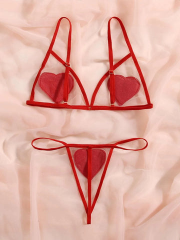Heart Patched Mesh Lingerie Set