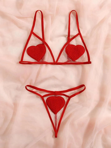 Heart Patched Mesh Lingerie Set
