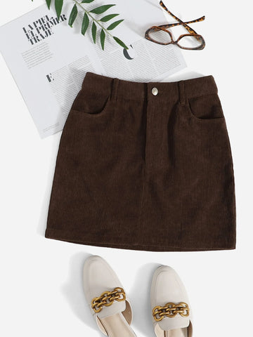 Corduroy Dual Pockets Straight Mini Skirt