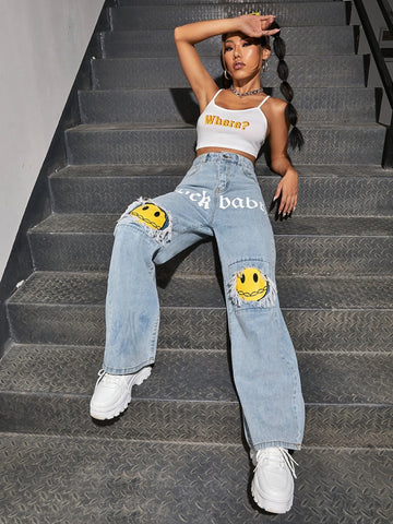 Letter & Figure Graphic Jeans