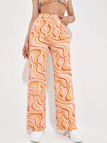 Allover Print Slant Pockets High Waist Wide Leg Jeans