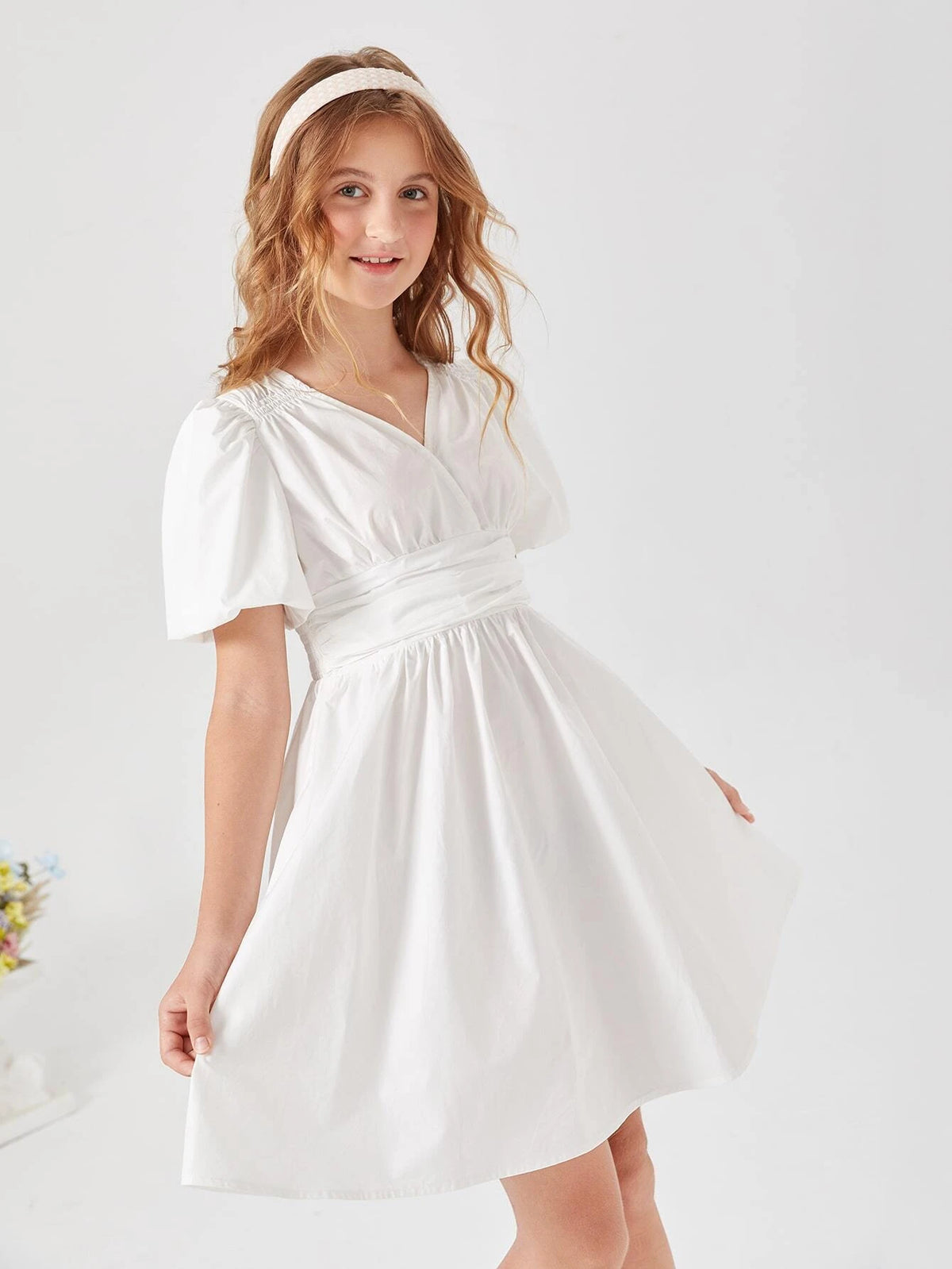 Teen Girls Ruched Puff Sleeve Flare Dress