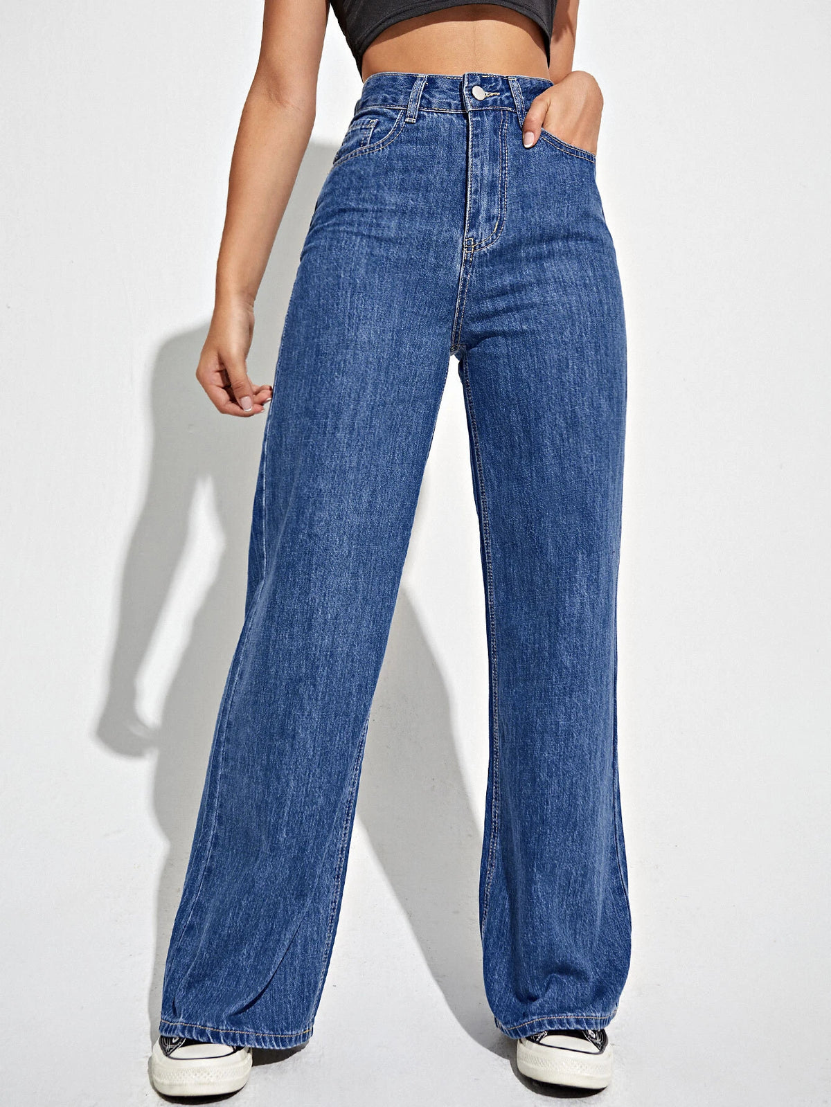 High Waist Slant Pocket Wide Leg Jeans
