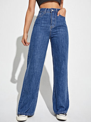 High Waist Slant Pocket Wide Leg Jeans