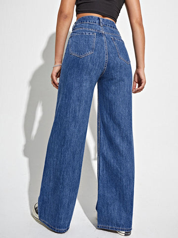 High Waist Slant Pocket Wide Leg Jeans