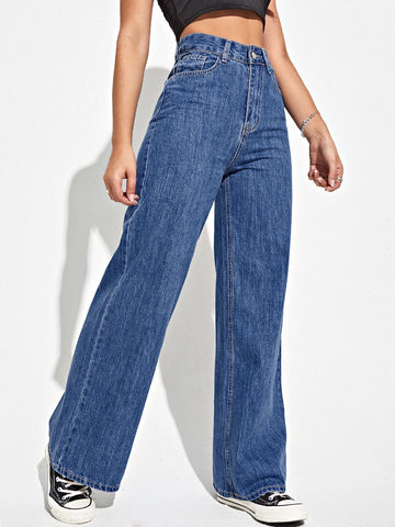 High Waist Slant Pocket Wide Leg Jeans