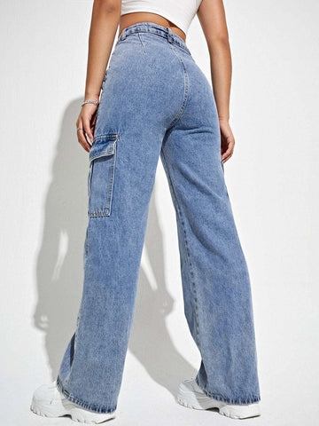High Waisted Flap Pocket Cargo Jeans