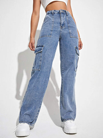 High Waisted Flap Pocket Cargo Jeans