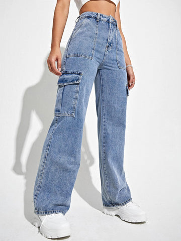 High Waisted Flap Pocket Cargo Jeans
