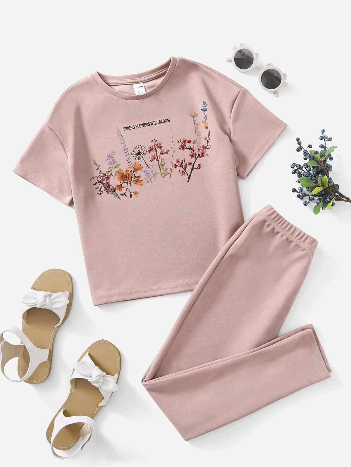 Girls Flower And Slogan Graphic Tee & Pants