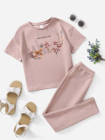 Girls Flower And Slogan Graphic Tee & Pants