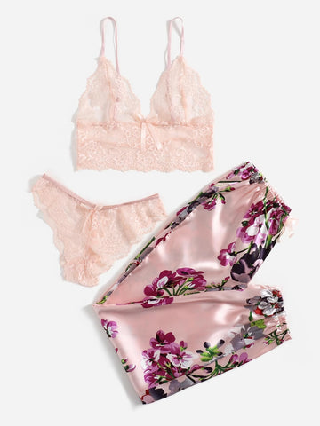 Floral Lace Lingerie Set With Floral Print Satin Pants