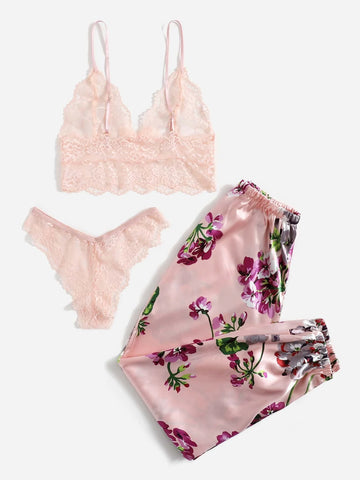 Floral Lace Lingerie Set With Floral Print Satin Pants