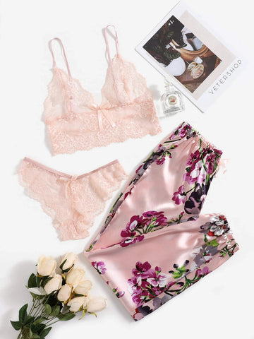 Floral Lace Lingerie Set With Floral Print Satin Pants