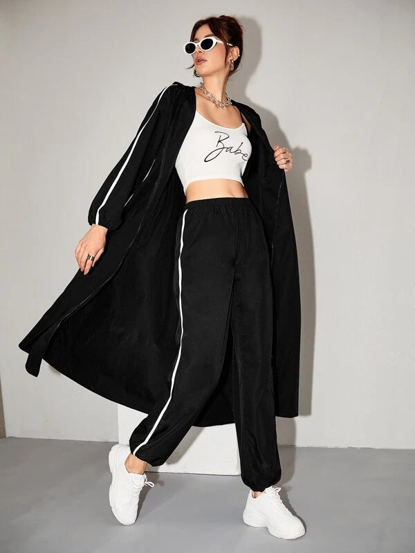 Drop Shoulder Contrast Binding Zip Front Coat & Pants