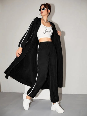 Drop Shoulder Contrast Binding Zip Front Coat & Pants