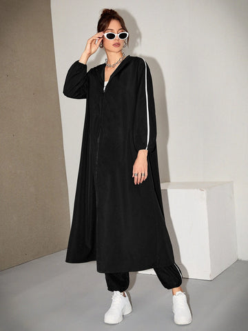 Drop Shoulder Contrast Binding Zip Front Coat & Pants