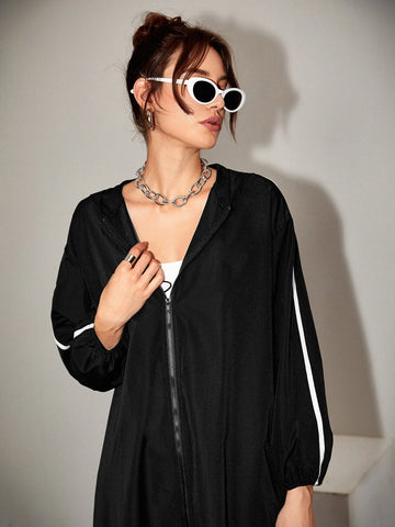 Drop Shoulder Contrast Binding Zip Front Coat & Pants