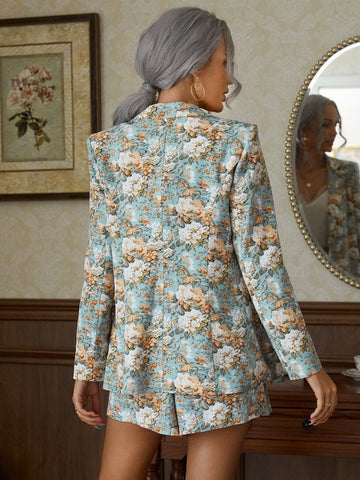 Frenchy Allover Floral Print Lapel Neck Blazer & Shorts